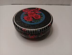 Vintage Tin Nobel Hall Round Black Red Bow & Roses White Polka Dots Lace 5.25"